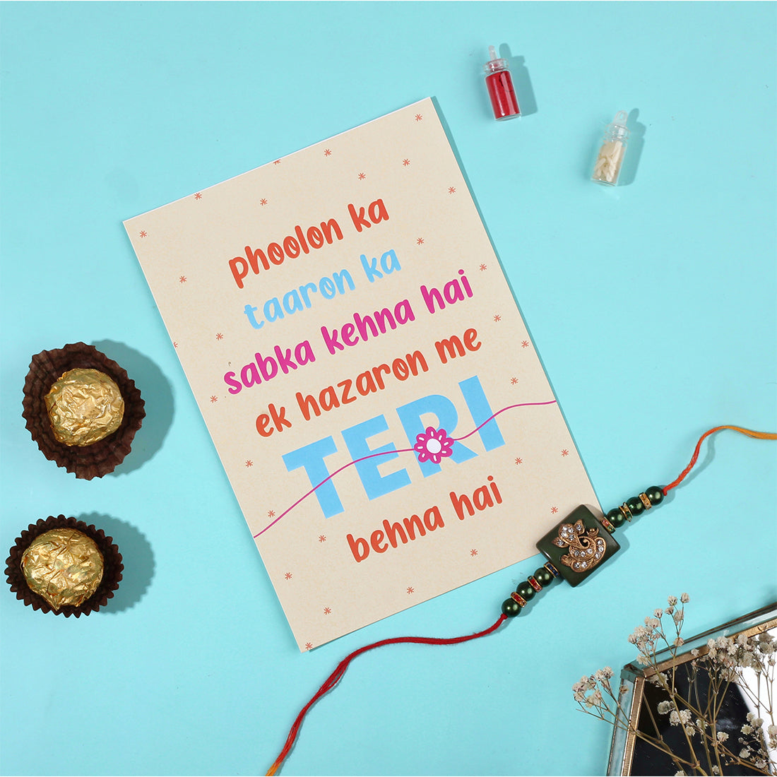 Floral Hues Sling Bag with Ganpati Rakhi & Greeting Card