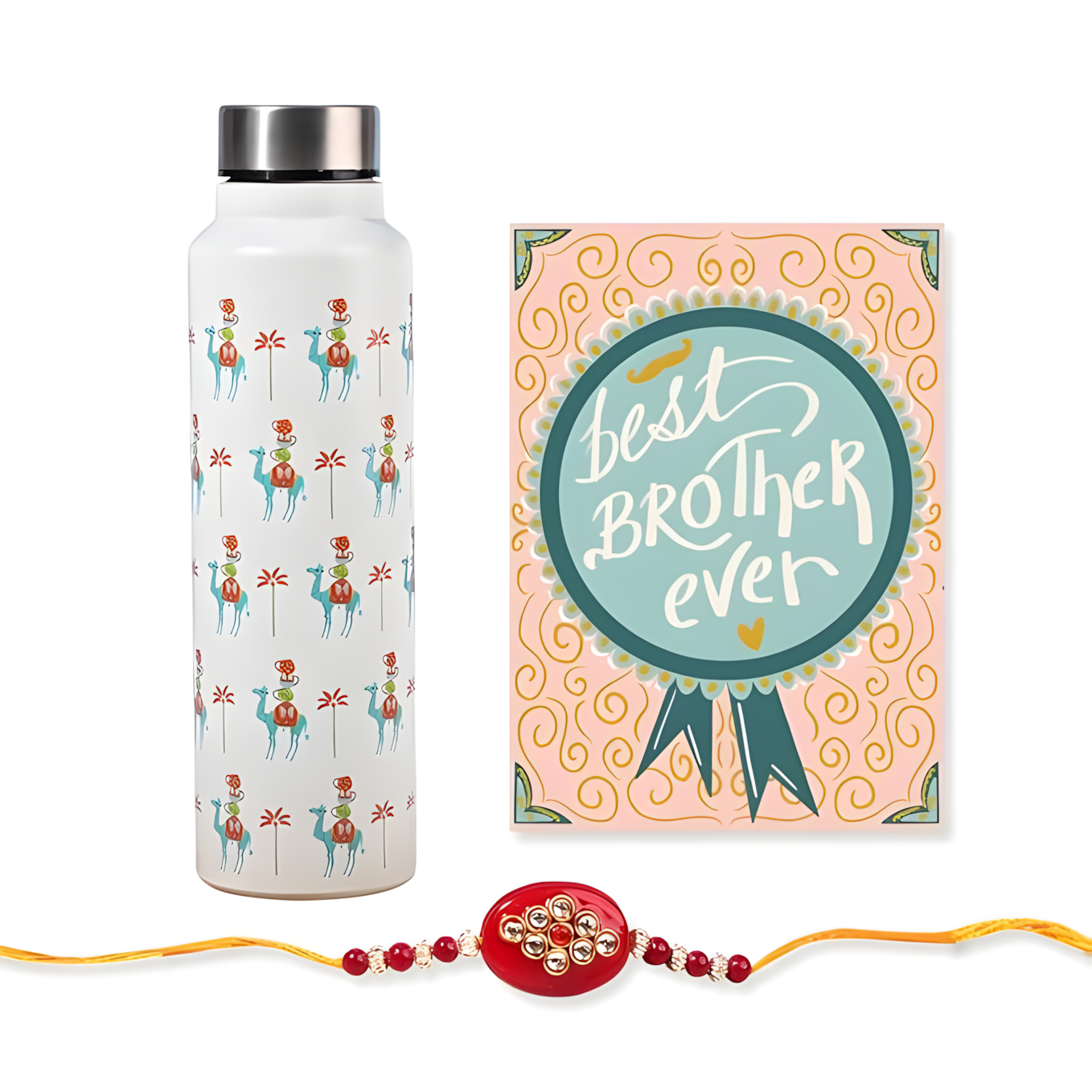 Happening Hippo Rakhi Combo – Bottle, Rakhi & Card (Boho Camel)