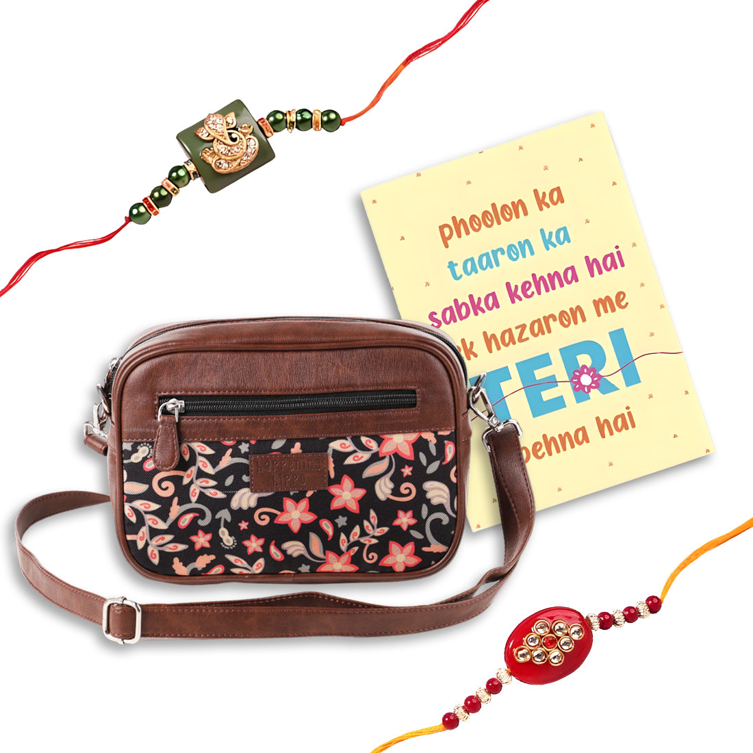 Floral Hues Sling Bag with Ganpati Rakhi & Greeting Card