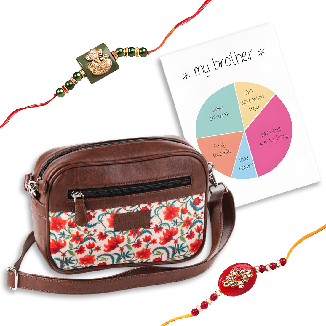 Gulmohar Garden Sling Bag with Ganpati Rakhi & Greeting Card