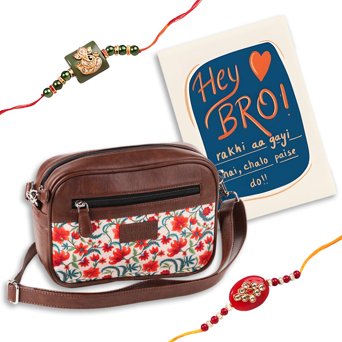 Gulmohar Sling Bag with Red Rakhi & Greeting Card